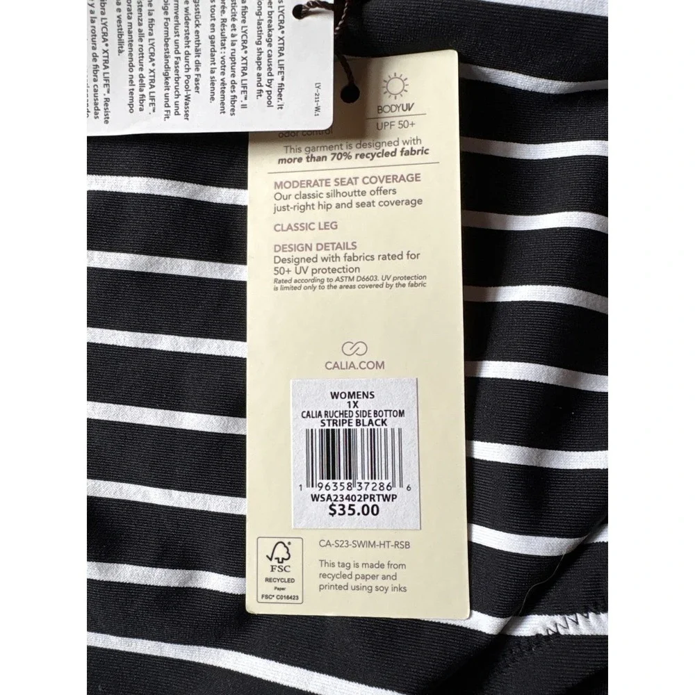 CALIA Womens Stripe Black Ruched Side Rise Swimsuit Bikini‎ Bottom